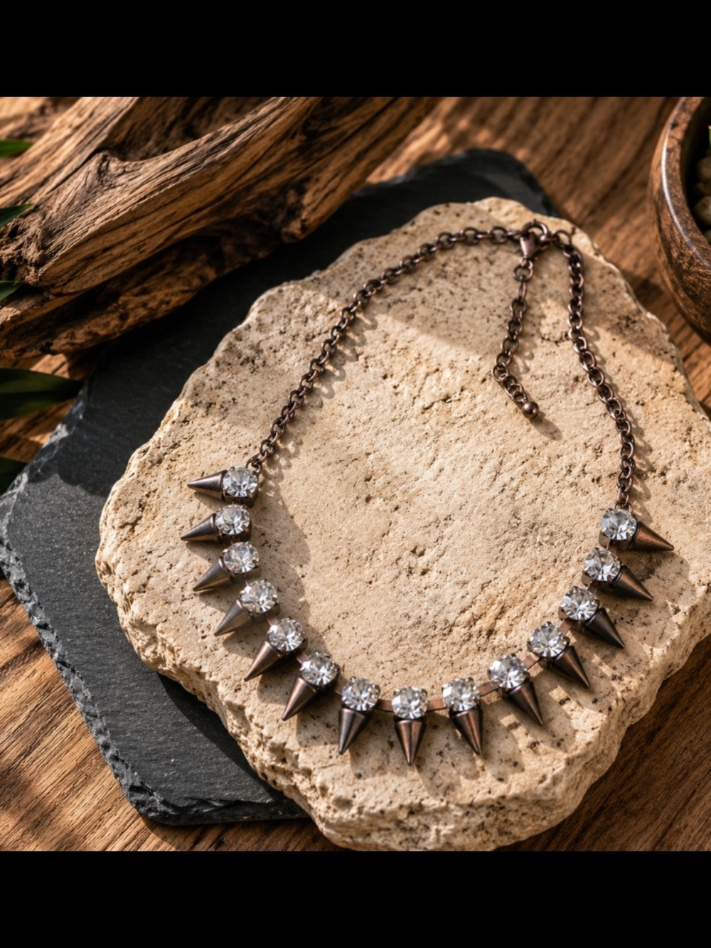 Rhinestone Spike Statement Necklace - Bronze